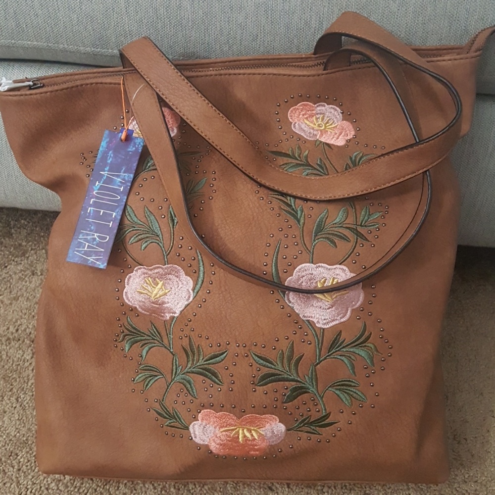 Floral Embroidery Brown Leather Purse